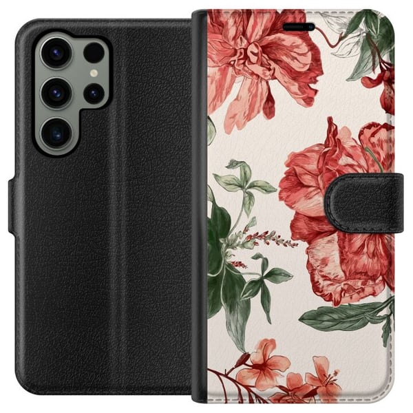 Kompatibel Tegnebogsetui til Samsung Galaxy S23 Ultra Røde blomster, botanisk motiv med grønne blade, elegant stil til dig, der kan lide naturens far Kompatibel Tegnebogsetui til Samsung Galaxy S23 Ultra Røde blomster, botanisk motiv med grønne blade, elegant stil til dig, der kan lide naturens far