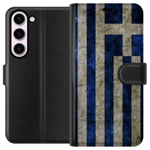 Yhteensopiva Lompakkokotelo Samsung Galaxy S23 Kreikan lippuaiheinen taide sinivalkoisella vintagekuviolla Kreikasta ja klassisesta muotoilusta pitäv
