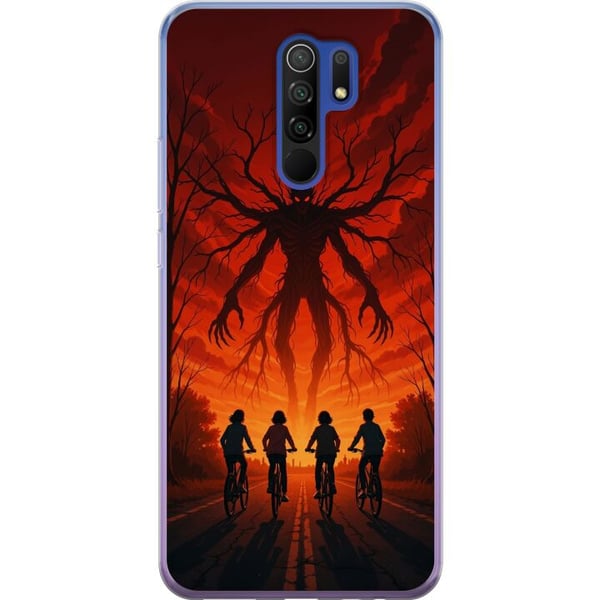 Kompatibel Mobilcover til Xiaomi Redmi 9 Mørk Stranger Things-inspireret horrorillustration med rød himmel, truende monster og cyklende børn i dramat