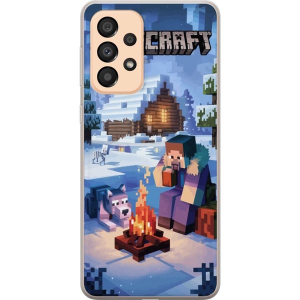 Yhteensopiva Puhelinkuori Samsung Galaxy A33 5G Minecraft-talviaihe, jossa Steve, susi, nuotio ja luminen mökki, Minecraft-faneille tarkoitettu pelik