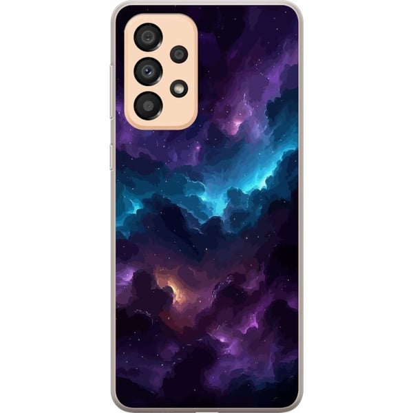 Yhteensopiva Puhelinkuori Samsung Galaxy A33 5G Kosminen sumu, jossa on syvänvioletteja ja sinisiä pilviä, hehkuvia valoaukkoja, tähtipisteitä ja ava