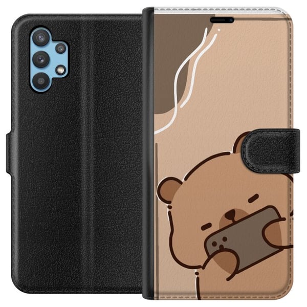 Kompatibelt Plånboksfodral till Samsung Galaxy A32 5G Lazy Bear Chill Mode Söt björn som ligger med mobilen på beige bakgrund i lugn avslappnad stil