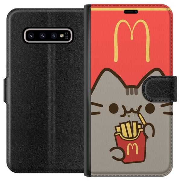 Kompatibelt Plånboksfodral till Samsung Galaxy S10+ Söt Pusheen-liknande katt med pommes frites i McDonald’s stil – humoristiskt och charmigt motiv.