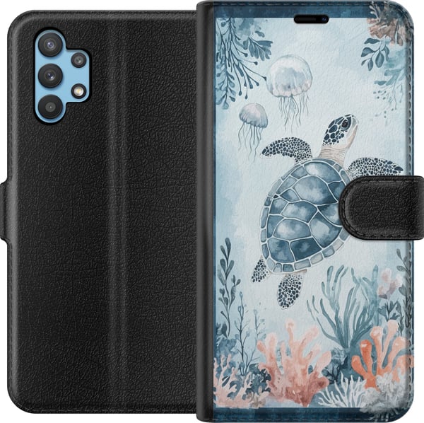 Yhteensopiva Lompakkokotelo Samsung Galaxy A32 5G Akvarellikilpikonna tyynessä sinisessä meressä korallien ja leijuvien meduusojen keskellä