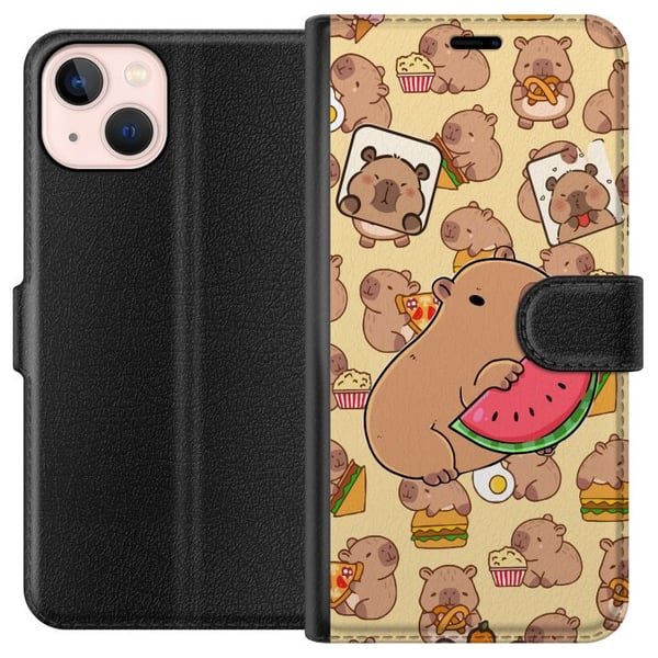 Kompatibelt Lommeboketui til Apple iPhone 13 mini Capybara Snack Tid Søte kapibarer nyter vannmelon pizza og popcorn i en varm og leken design som sp Kompatibelt Lommeboketui til Apple iPhone 13 mini Capybara Snack Tid Søte kapibarer nyter vannmelon pizza og popcorn i en varm og leken design som sp