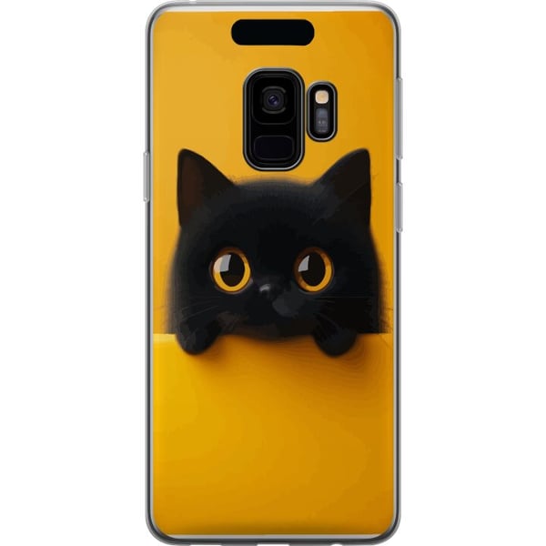 Kompatibel Mobilcover til Samsung Galaxy S9 Sort kat, der kigger op over kanten – ren og trendy illustration med et legende udtryk og store øjne