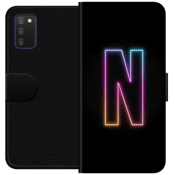 Kompatibelt Lommeboketui til Samsung Galaxy A03s Minimalistisk neonbokstav N i fargeskiftende lys mot svart bakgrunn