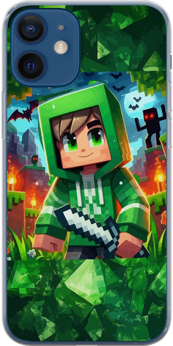 Yhteensopiva Puhelinkuori Apple iPhone 12 Minecraft-pelaajapoika vihreässä hupparissa – piirretty Minecraft-poika, jolla on miekka, pikseleitä ja sei