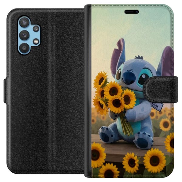 Kompatibelt Plånboksfodral till Samsung Galaxy A32 5G Disney Stitch sunflower poster Lilo and Stitch blå alien solrosor cute kawaii figur field desig