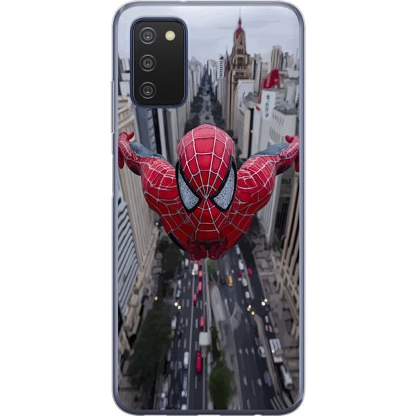 Kompatibelt Mobildeksel til Samsung Galaxy A03s Spiderman over byen Marvel-superhelt action bysilhuett svingende dynamisk tegneserieheltemotiv plakat