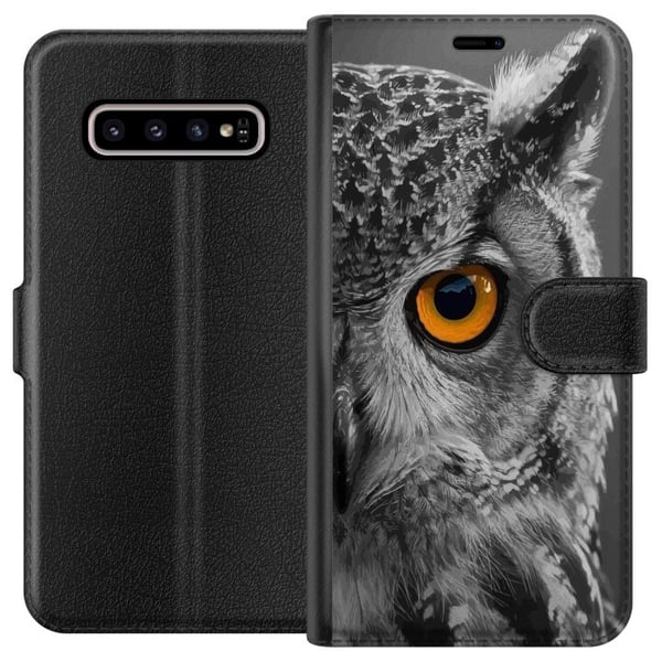 Kompatibelt Plånboksfodral till Samsung Galaxy S10+ Svartvit ugglenärbild med intensivt orange öga och krispiga fjäderdetaljer