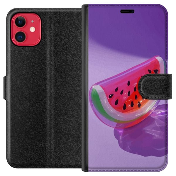 Kompatibelt Plånboksfodral till Apple iPhone 11 Vattenmelon i glasstil mot lila bakgrund fräsch somrig design med saftig och modern känsla