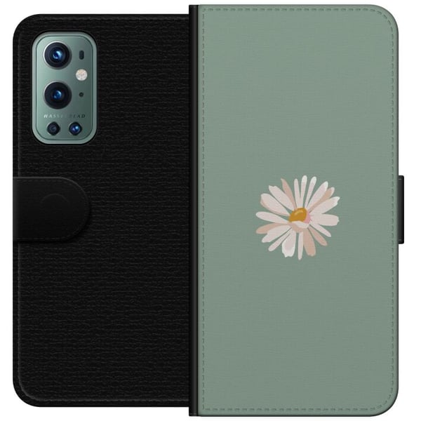 Kompatibel Tegnebogsetui til OnePlus 9 Pro Grøn Minimalblomst - stilfuld blomst på grøn baggrund