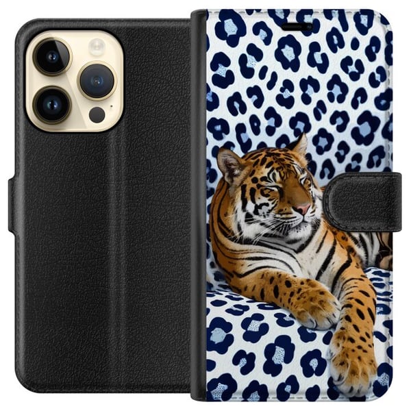 Yhteensopiva Lompakkokotelo Apple iPhone 14 Pro Tiger Chill Pattern -kuvio, jossa tiikeri lepää valko-sinistä kuviollista taustaa vasten modernissa d