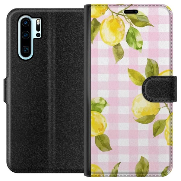 Yhteensopiva Lompakkokotelo Huawei P30 Pro Sitruunanpunainen gingham-kuvio – sitruunakuvio, jossa on vaaleanpunainen ruutukuvio pastellisessa ja kesä