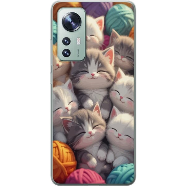 Kompatibel Mobilcover til Xiaomi 12 Sovende killinger sammenkrøllet blandt farverige garnnøgler i en blød illustration