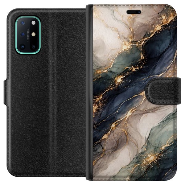 Kompatibelt Lommeboketui til OnePlus 8T Luksuriøs abstrakt marmorkunst i svart, hvitt og gull med elegante linjer, eksklusivt design for plakater, bi