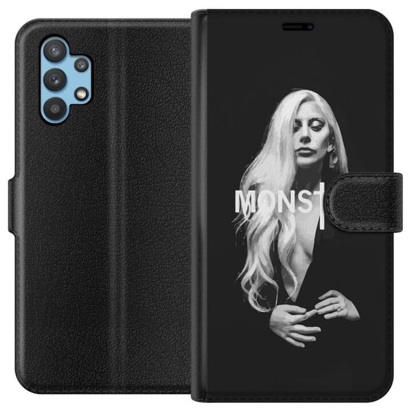 Kompatibelt Plånboksfodral till Samsung Galaxy A32 5G Lady Gaga Monster porträtt – svartvit Lady Gaga design med stark MONSTER-typografi och ikonisk