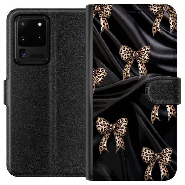 Kompatibelt Plånboksfodral till Samsung Galaxy S20 Ultra Leopardrosetter på svart siden lyxigt mönster med exklusiv modekänsla perfekt för dig som gi
