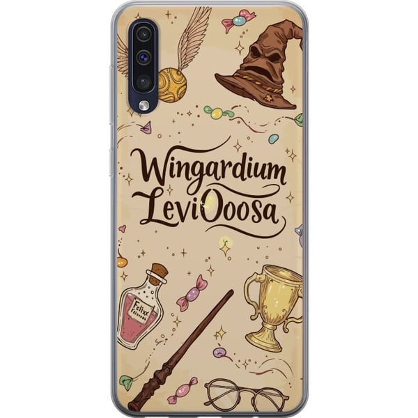 Kompatibelt Mobilskal till Samsung Galaxy A50 Harry Potter Wingardium Leviosa illustration – magiskt Harry Potter tema med trollstav, Snitch och hatt