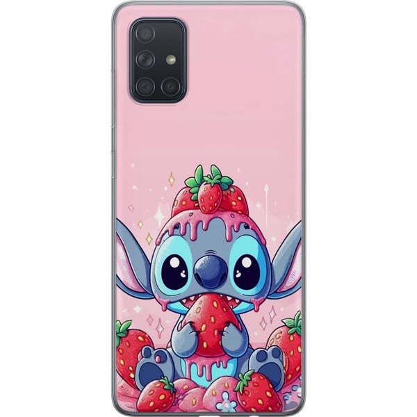 Kompatibel Mobilcover til Samsung Galaxy A71 Stitch Strawberry Love – sødt motiv med blå figur og jordbær i lyserødt pasteltema