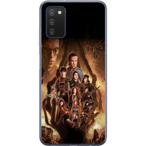Kompatibel Mobilcover til Samsung Galaxy A03s Stranger Things-gruppebillede med heltene i et mørkt fantasimiljø og et truende væsen