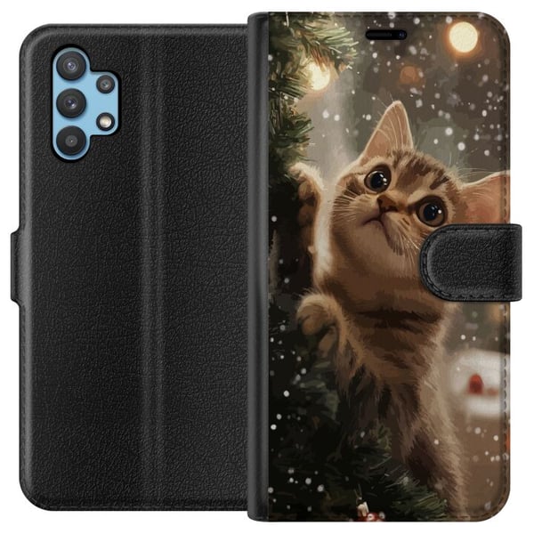 Kompatibelt Plånboksfodral till Samsung Galaxy A32 5G Katt som klättrar i julgran med snöfall mysig vinterdesign perfekt för katt och julälskare