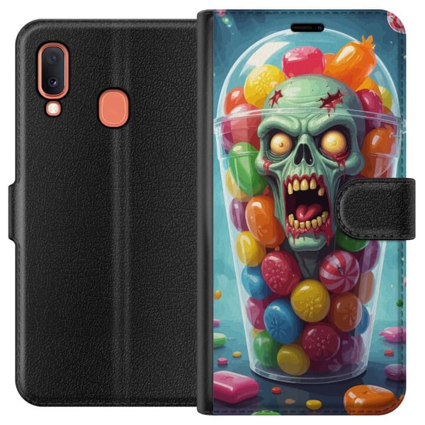 Kompatibelt Lommeboketui til Samsung Galaxy A20e Zombie plakat godterikopp skrekk kunst godteri hodeskalle skummel fargerik halloween uhyggelig desig Kompatibelt Lommeboketui til Samsung Galaxy A20e Zombie plakat godterikopp skrekk kunst godteri hodeskalle skummel fargerik halloween uhyggelig desig