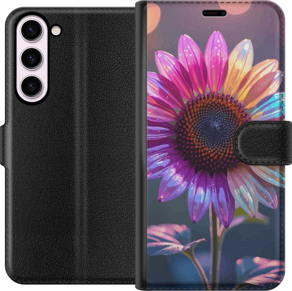 Kompatibelt Lommeboketui til Samsung Galaxy S23+ Skinnende iriserende blomst i rosa, lilla og gull mot myk bokeh og lysglitter