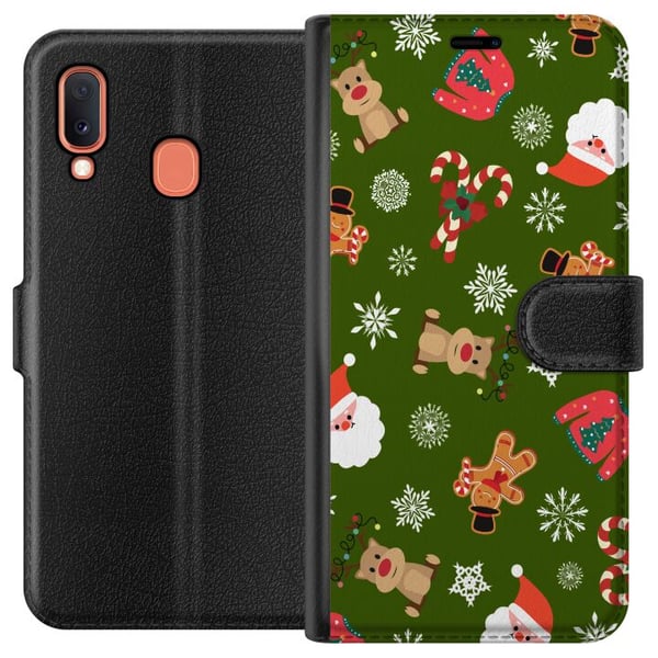 Kompatibelt Plånboksfodral till Samsung Galaxy A20e Grönt Julmönster Kompatibelt Plånboksfodral till Samsung Galaxy A20e Grönt Julmönster