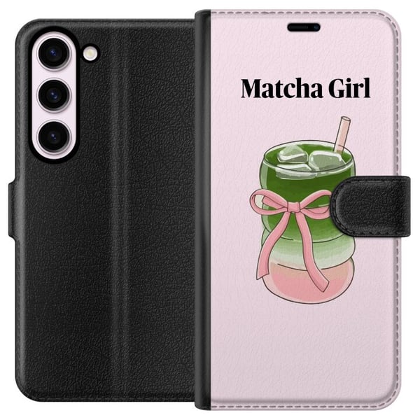 Kompatibel Tegnebogsetui til Samsung Galaxy S23 Matcha Girl-illustration – kawaii-inspireret te-design med lyserød sløjfe Kompatibel Tegnebogsetui til Samsung Galaxy S23 Matcha Girl-illustration – kawaii-inspireret te-design med lyserød sløjfe