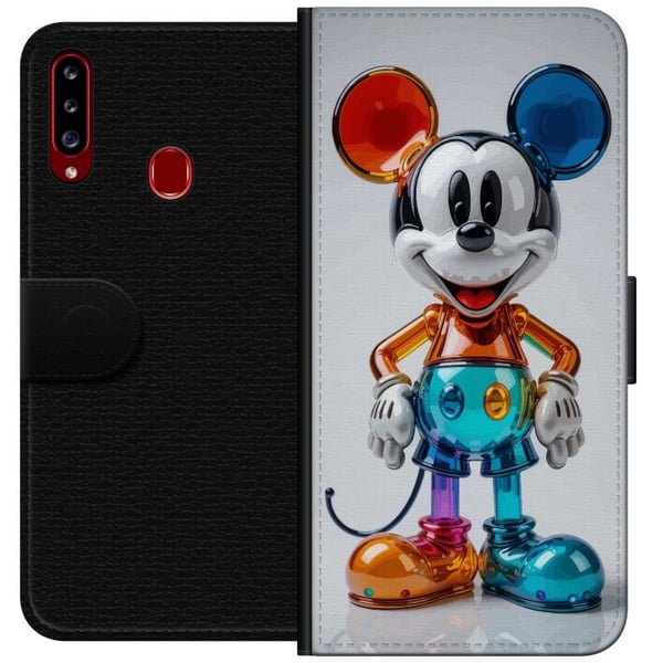 Kompatibelt Plånboksfodral till Samsung Galaxy A20s Färgglad Mickey figur futuristisk chrome glossy Disney pop art modern vibrant character motiv pos