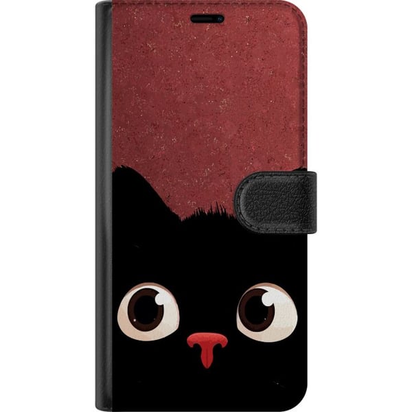 Kompatibelt Plånboksfodral till Apple iPhone 12 Minimalistisk svart katt med stora ögon – charmigt djurmotiv i modern grafisk stil