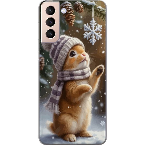 Kompatibelt Mobildeksel til Samsung Galaxy S21 Vinterkanin med lue og skjerf beundrer snøfnugg sjarmerende vintermotiv fylt med julestemning Kompatibelt Mobildeksel til Samsung Galaxy S21 Vinterkanin med lue og skjerf beundrer snøfnugg sjarmerende vintermotiv fylt med julestemning