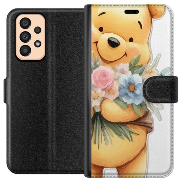 Yhteensopiva Lompakkokotelo Samsung Galaxy A33 5G Nalle Puh kukkien kanssa - klassinen lasten suosikki kukkivassa keväisympäristössä