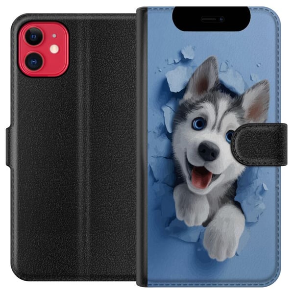 Kompatibelt Plånboksfodral till Apple iPhone 11 Söt huskyvalp med stora blå ögon tittar fram genom sönderbruten vägg i mjuk 3D-stil vilket skapar gla Kompatibelt Plånboksfodral till Apple iPhone 11 Söt huskyvalp med stora blå ögon tittar fram genom sönderbruten vägg i mjuk 3D-stil vilket skapar gla