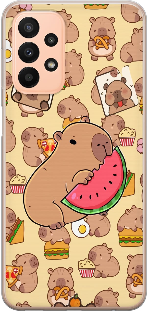 Kompatibel Mobilcover til Samsung Galaxy A23 Capybara Snack Tid Søde kapibarer nyder vandmelon pizza og popcorn i et varmt og legende design, der spr