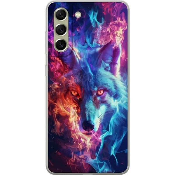 Kompatibelt Mobilskal till Samsung Galaxy S21 FE 5G Intensiv varg med blå och orange eld runt ansiktet i kraftfull fantasyillustration