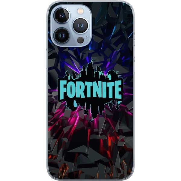 Kompatibel Mobilcover til Apple iPhone 13 Pro Max Fortnite-plakat – Logo i blå neon på sort baggrund, gamingdesign