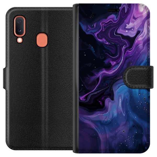 Kompatibelt Plånboksfodral till Samsung Galaxy A20e Abstrakt flytande marmormönster i lila och blå toner med kosmisk känsla, mjuka former och djup vi Kompatibelt Plånboksfodral till Samsung Galaxy A20e Abstrakt flytande marmormönster i lila och blå toner med kosmisk känsla, mjuka former och djup vi