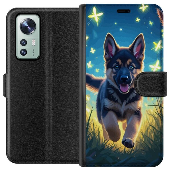 Yhteensopiva Lompakkokotelo Xiaomi 12 Pentu saksanpaimenkoira koira juliste koira pentu juoksee niitty perhoset suloinen eläinkuvitus yötaide