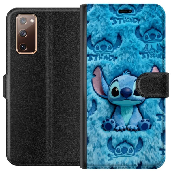 Kompatibelt Lommeboketui til Samsung Galaxy S20 FE Stitch sitter på et fluffy blått mønster med ansiktet og ørene sine gjentatt som tekstur, noe som