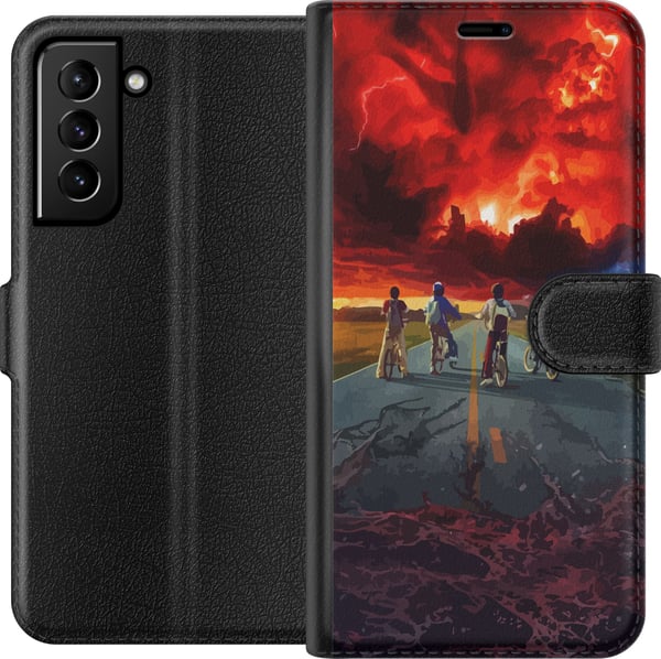 Kompatibelt Plånboksfodral till Samsung Galaxy S21+ 5G Sci-fi-inspirerad äventyrsposter med cyklande barn – dramatisk himmel och nostalgisk 80-talskä
