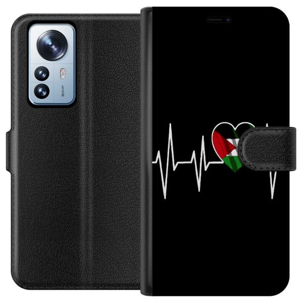 Kompatibel Tegnebogsetui til Xiaomi 12 Pro Palæstina-hjerte med EKG-linje flagfarver sort rød hvid grøn stærkt symbol på kærlighed og frihed