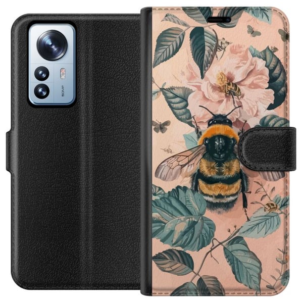 Kompatibel Tegnebogsetui til Xiaomi 12 Pro Humle på blomst i pastelfarver, smukt naturinspireret design, der formidler ro, energi og harmoni