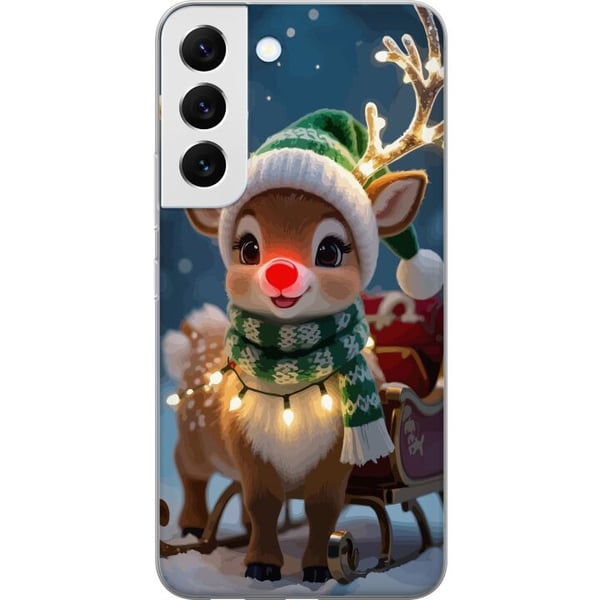Kompatibelt Mobilskal till Samsung Galaxy S22 5G Julig ren med lysande horn röd nos och stickad grön mössa står framför släde i snötäckt miljö och sp