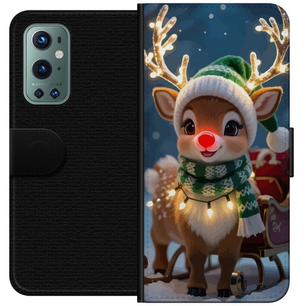 Kompatibel Tegnebogsetui til OnePlus 9 Pro Juleagtigt rensdyr med lysende gevir, rød næse og strikket grøn hue står foran en slæde i et snedækket mil