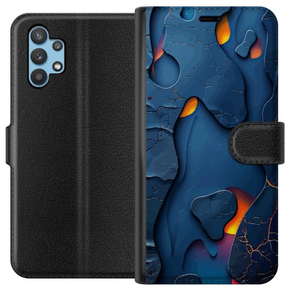 Kompatibelt Plånboksfodral till Samsung Galaxy A32 5G Flytande abstrakta former i blått med varm glöd Kompatibelt Plånboksfodral till Samsung Galaxy A32 5G Flytande abstrakta former i blått med varm glöd