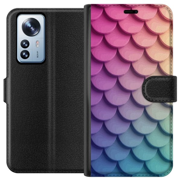 Yhteensopiva Lompakkokotelo Xiaomi 12 Pro Suomuinen pastellikuvio, jossa on pehmeästi limittäisiä muotoja vaaleanpunaisen, violetin ja sinisen sävyis