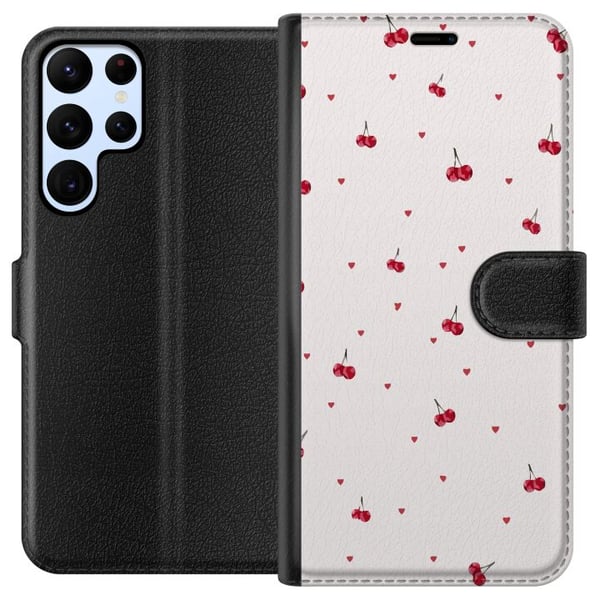 Yhteensopiva Lompakkokotelo Samsung Galaxy S22 Ultra 5G Kirsikoita ja sydämiä valkoisella taustalla suloinen romanttinen design minimalistisella tunn
